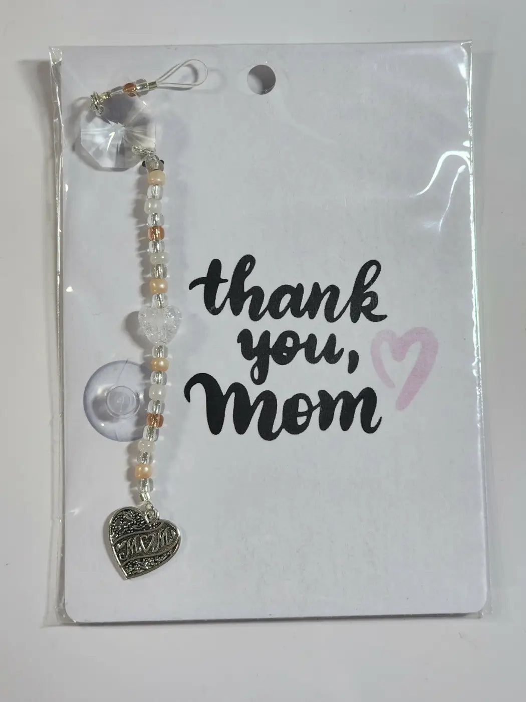 Small suncatcher delicate beaded car sunshade charm with clear crystal peach and white beads and silver mom pendant canadian made skincare