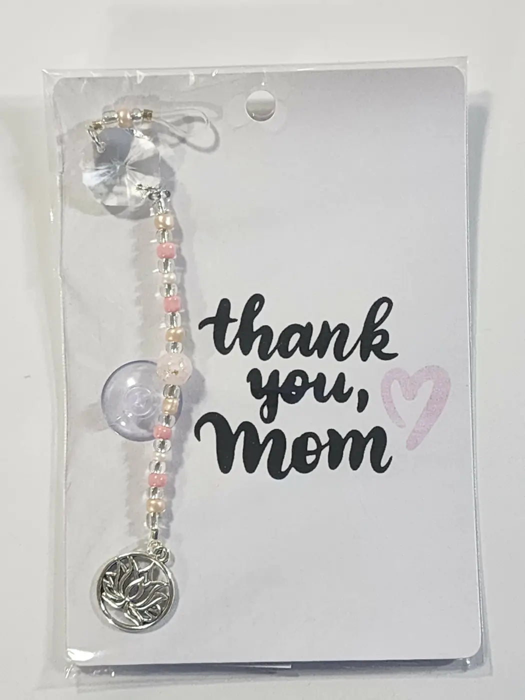 Small suncatcher delicate pink and silver beaded car window charm with lotus pendant and thank you mom text, canadian made skincare gift