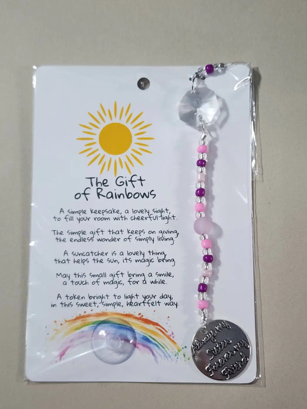 Small suncatcher with clear crystal top pink and purple beads and silver charm always my sister forever friend ideal for canadian made skincare gifts