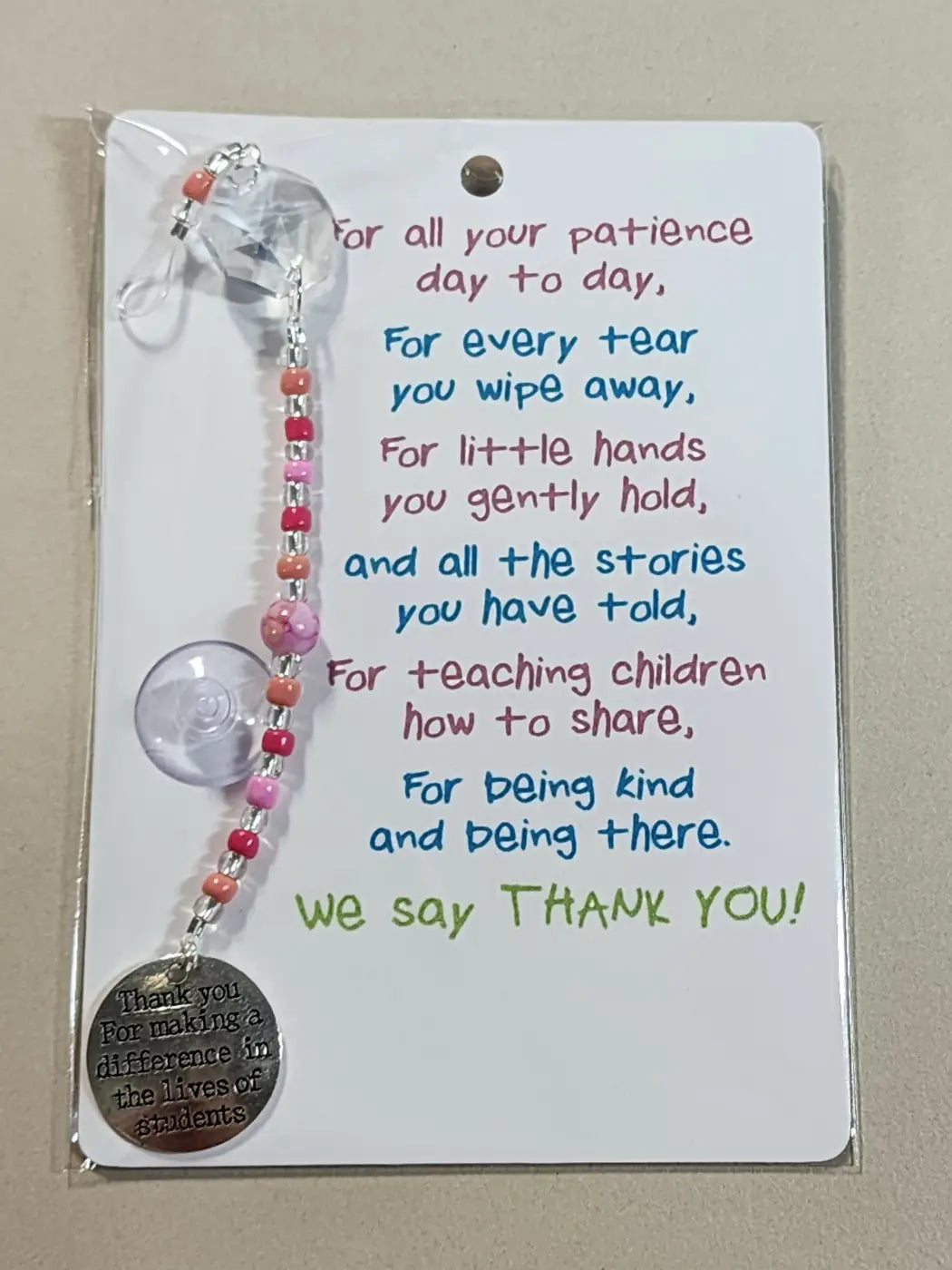 Small Suncatcher delicate beaded necklace with pink peach beads silver charm engraved thank you for making a difference natural skincare canada
