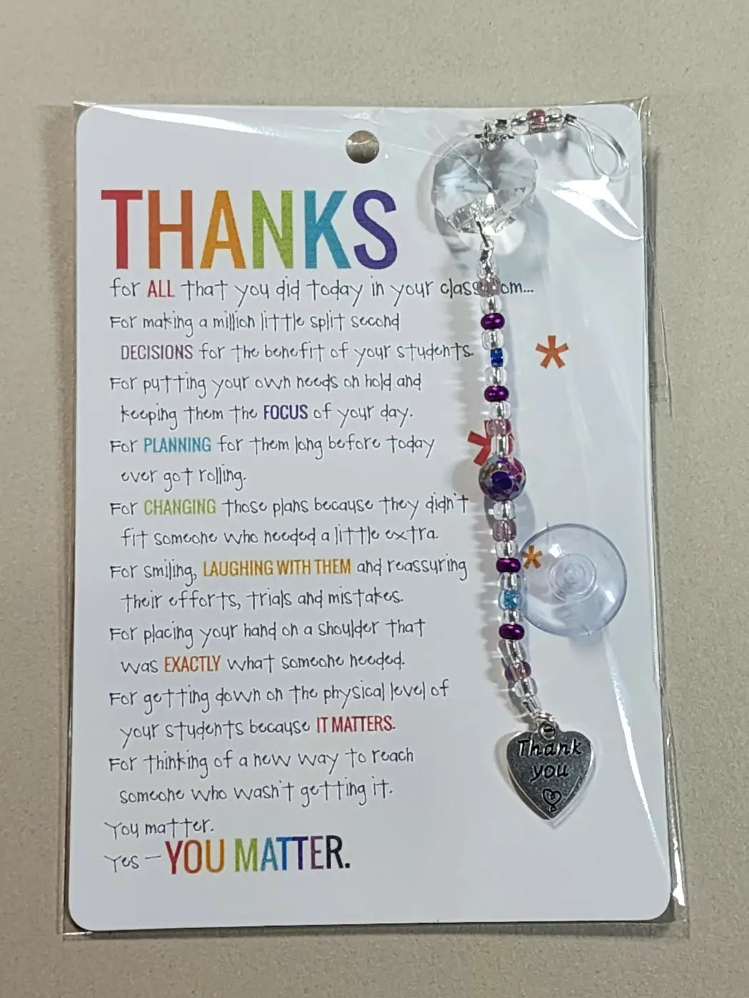 Small suncatcher with clear beaded carabiner and silver thank you heart pendant with purple beads handmade soap canada