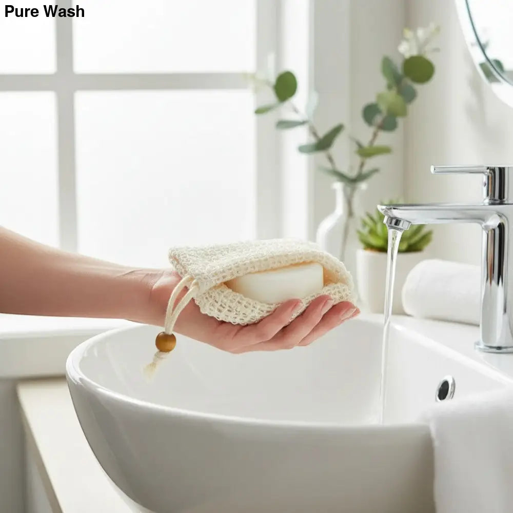 Pure Wash natural fiber soap saver bag with drawstring and wooden bead for exfoliating and lathering.