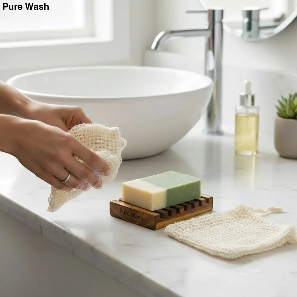 Pure Wash natural sisal soap saver bag next to a wooden soap dish with green and white bar soap.