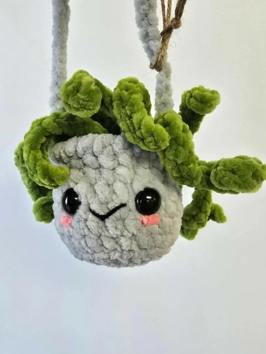 A gray crocheted hanging plant pot with green yarn vines and cute facial features for spider plants