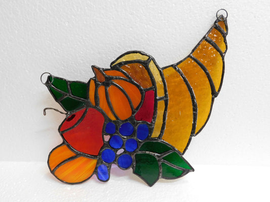 stained glass cornucopia - signifying bounty, displays several traditional fall colors with variety of fruit & berries. Its big at 9 1/2 x 7 - Pure Wash Canadian Made - Winnipeg