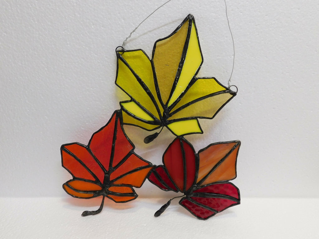 stained glass fall colored leaves. This grouping of 3 , couldn't say its Fall louder. at 8 1/2 x8 in it brings warmth to any window - Pure Wash Canadian Made - Winnipeg