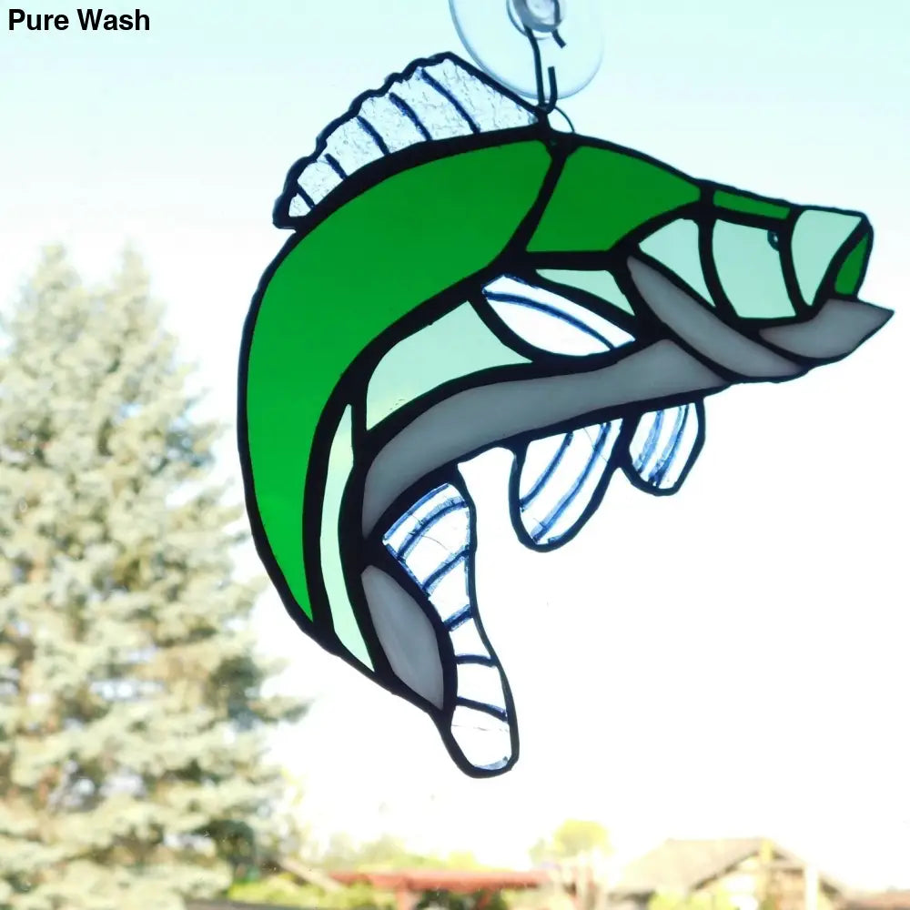 stained glass fish/Trout, in action jumping mode. 4 colors used for interest, hand painted portions, 6 in x 8 in. enhance any window - Pure Wash Canadian Made - Winnipeg