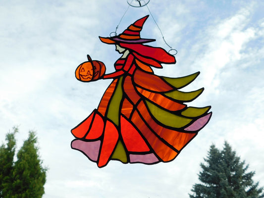 stained glass Halloween Witch , pumpkin. At a full 11 in H x 8 1/2 in W this super colorful multi piece beauty will go great with any Halloween decor.in a window or on a shelf - Pure Wash Canadian Made - Winnipeg