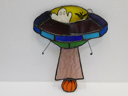 stained glass UFO ship / beaming up pumpkin. Are they out there? approx 6in wide x 7in high , hand painted portions - Pure Wash Canadian Made - Winnipeg