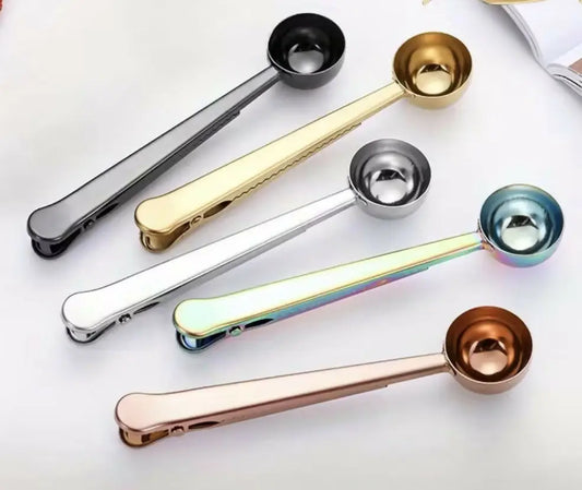 Set of five prairie made stainless steel coffee scoop spoons in black gold silver rose gold and iridescent rainbow finishes