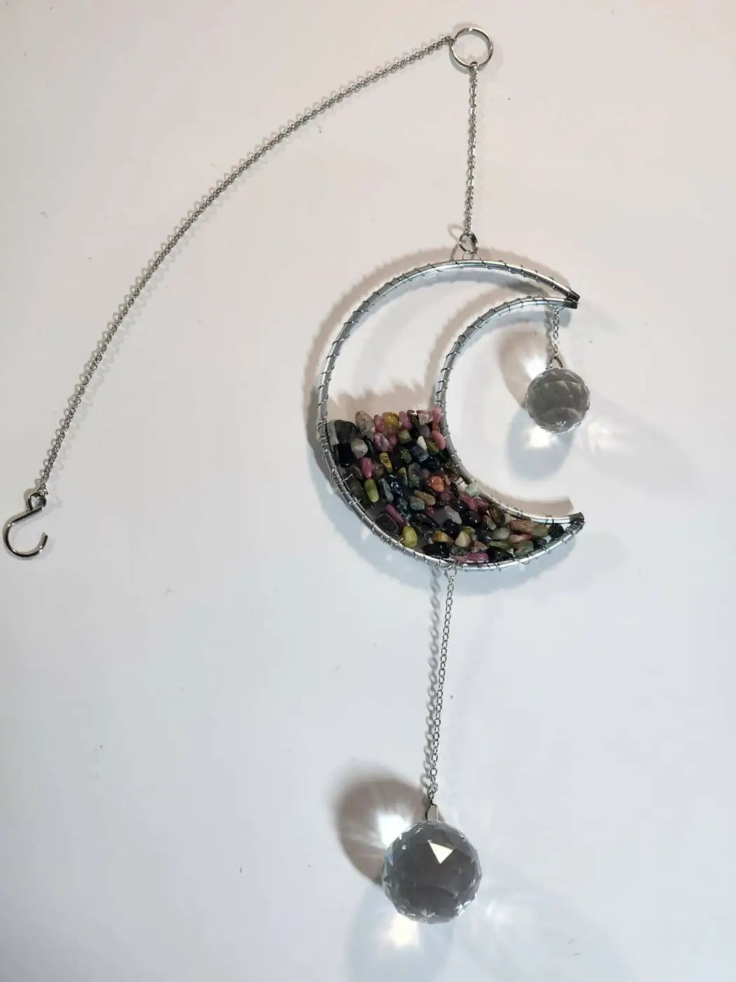 Crescent moon stone suncatcher with colourful stone beads and two faceted crystal spheres