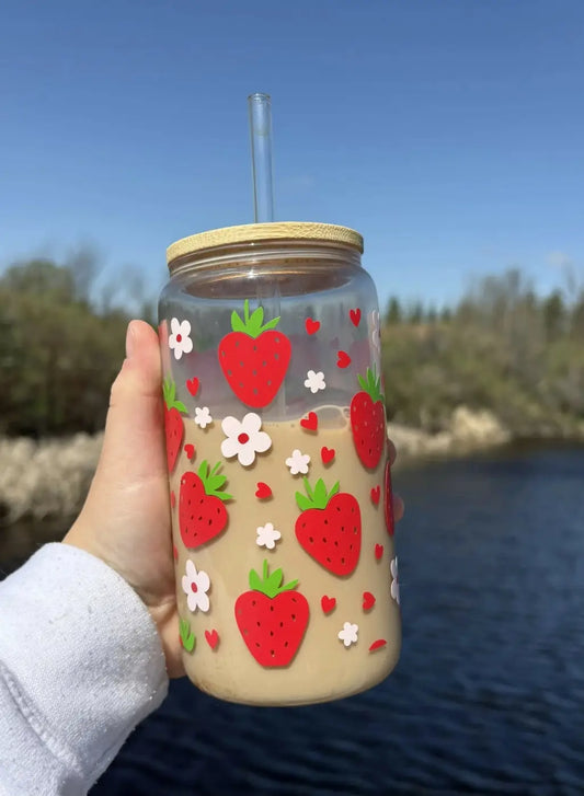 Strawberry hearts glass cup with clear glass, red strawberry and white flower decals, bamboo lid, and clear straw for pure wash use