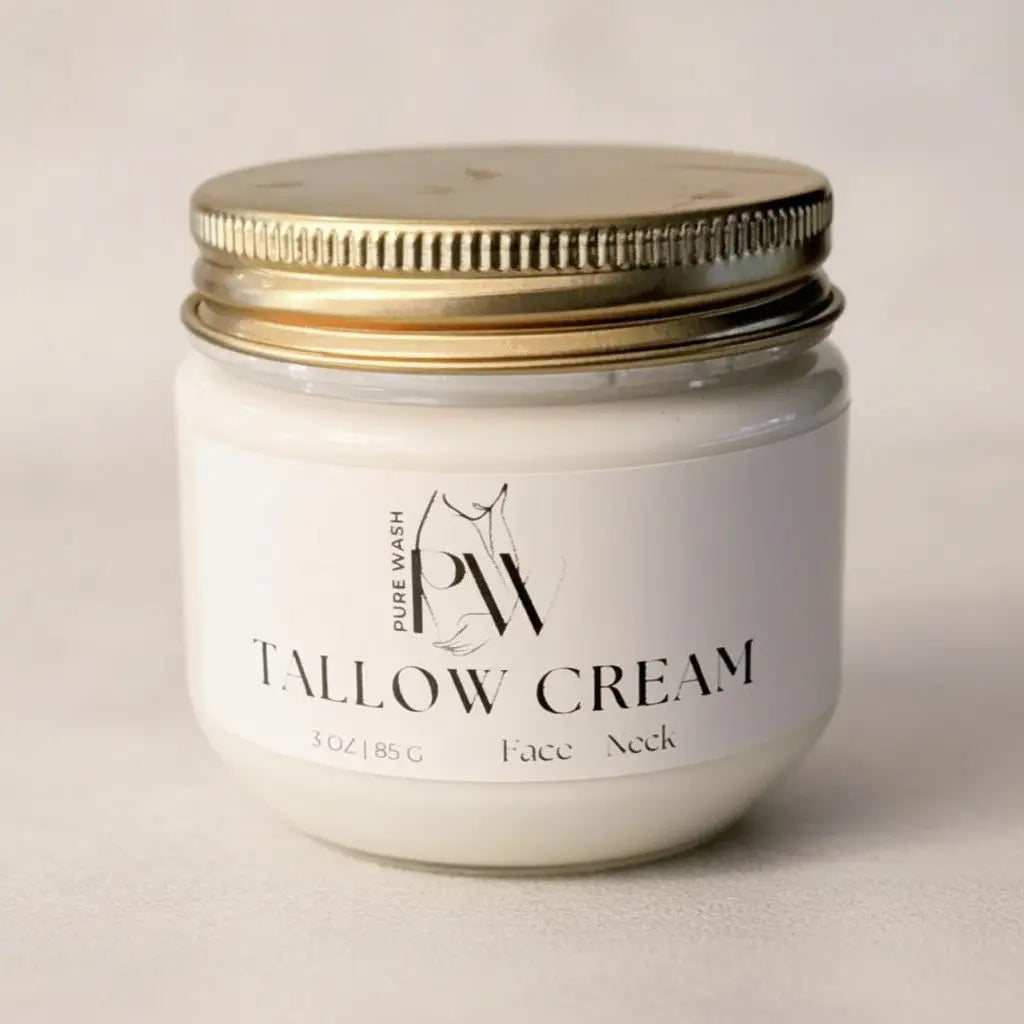 A white glass jar with a gold lid containing pure wash tallow cream for face and neck enriched with avocado oil and essential fatty acids