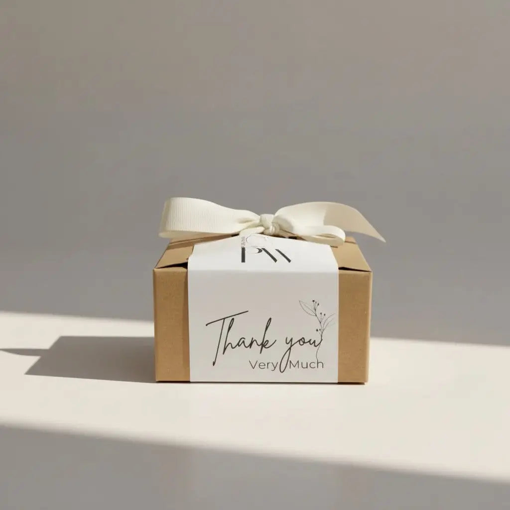 A minimalist brown kraft paper thank you gift box canada with a white ribbon bow and appreciation message label