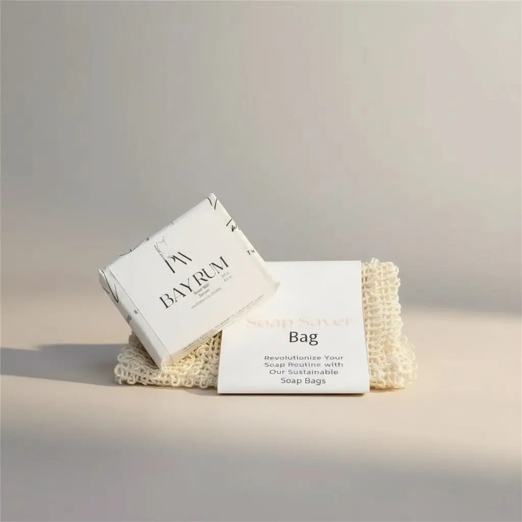 White bayrum soap bar in minimalist packaging with a cream crocheted mesh bag in a thank you gift box canada
