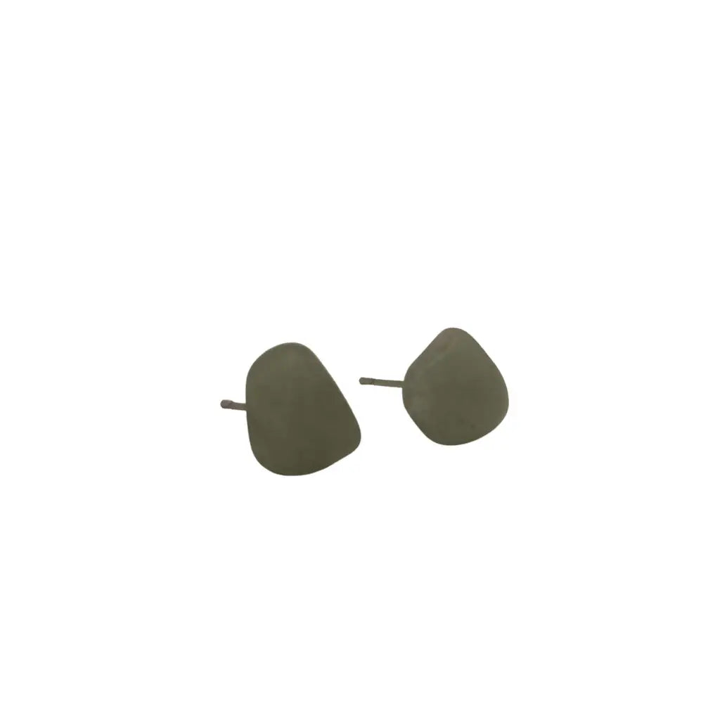 Olive green leaf shaped stud earrings from the elemental earring collection with minimalist organic form design