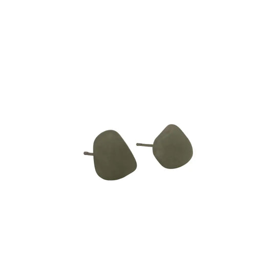 Olive green leaf shaped stud earrings from the elemental earring collection with minimalist organic form design