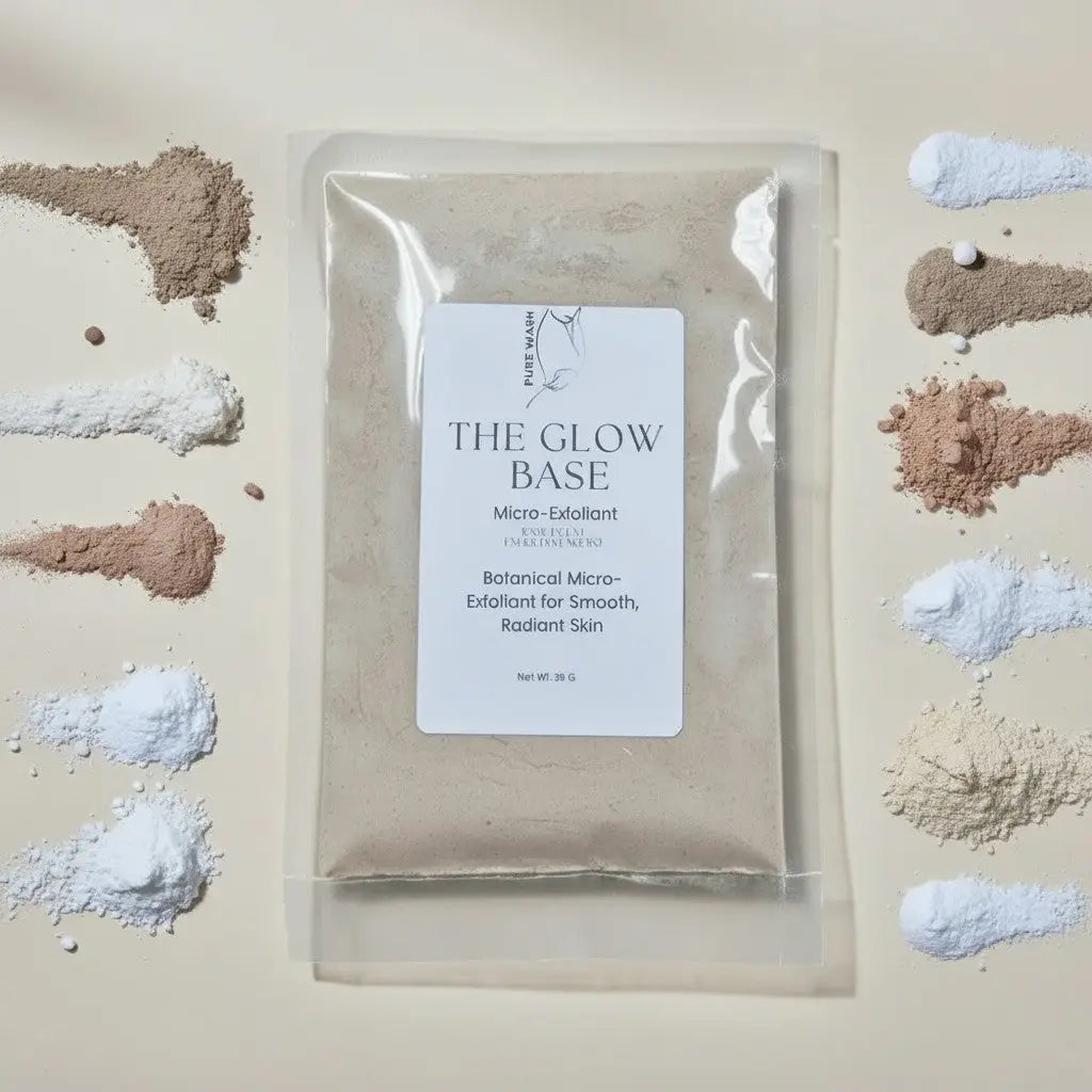 A clear plastic pouch containing beige micro exfoliant powder the glow base by pure wash with colloidal oatmeal and marshmallow root