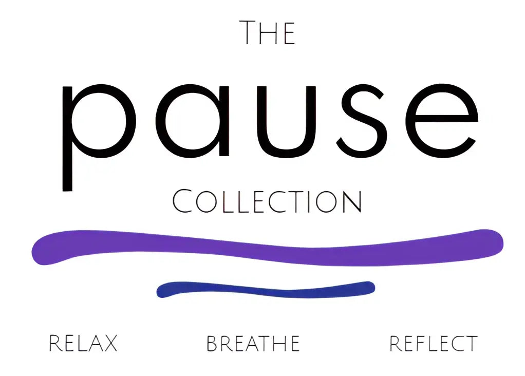 The pause collection logo features bold black lettering with a flowing purple and blue wave design for handmade soap canada