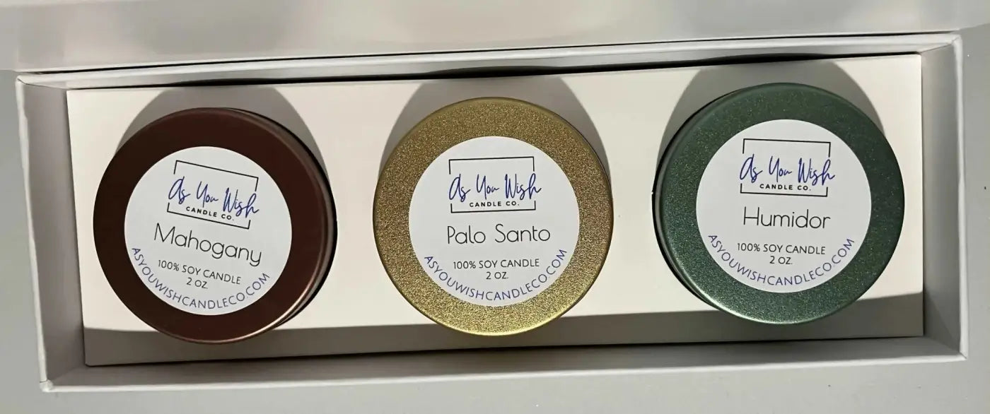 Set of three 2 oz handmade soy candles in mahogany brown gold and forest green tins from the rustic collection