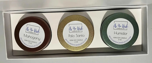 Set of three 2 oz handmade soy candles in mahogany brown gold and forest green tins from the rustic collection