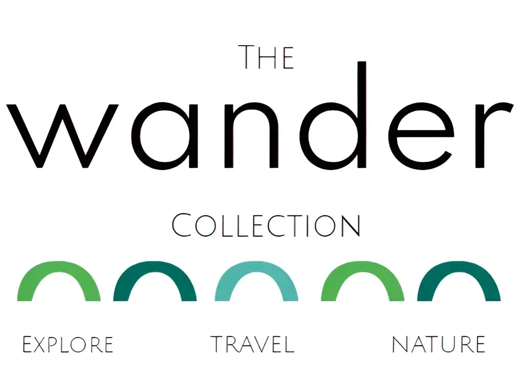 The wander collection logo with bold black lettering and five green and teal arches for wander soy candle collection