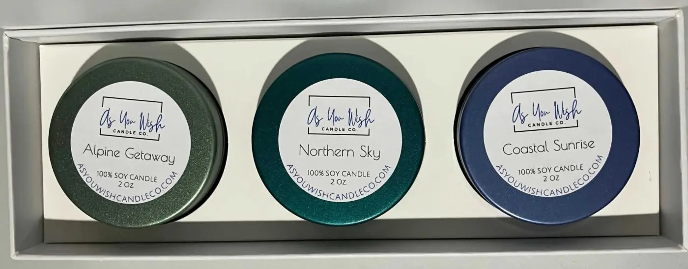 The wander soy candle collection features three 2 oz soy candles in alpine getaway, northern sky, and coastal sunrise colors