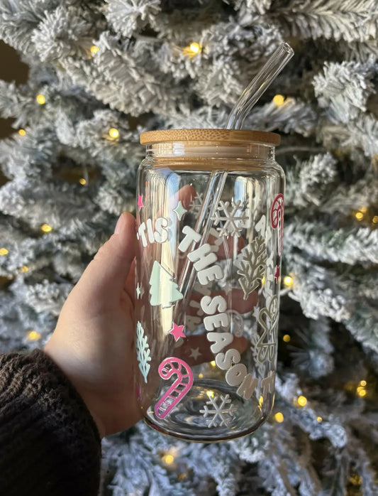 Tis the season glass cup with stylish bamboo lid and reusable glass straw decorated with festive holiday decals keeps drinks fresher