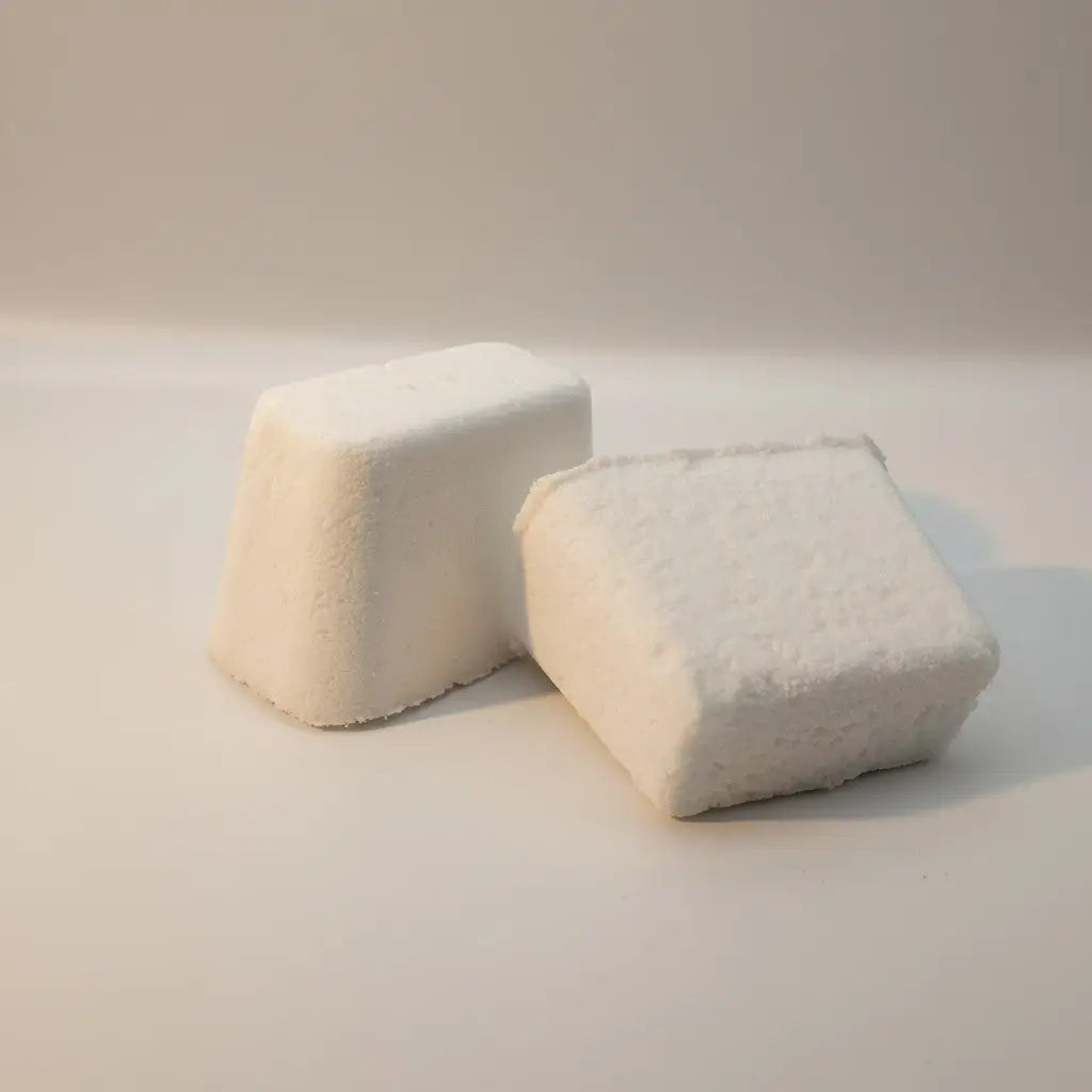 Two off-white cube-shaped toilet bowl bombs with slightly textured surfaces for effective toilet bowl cleaning