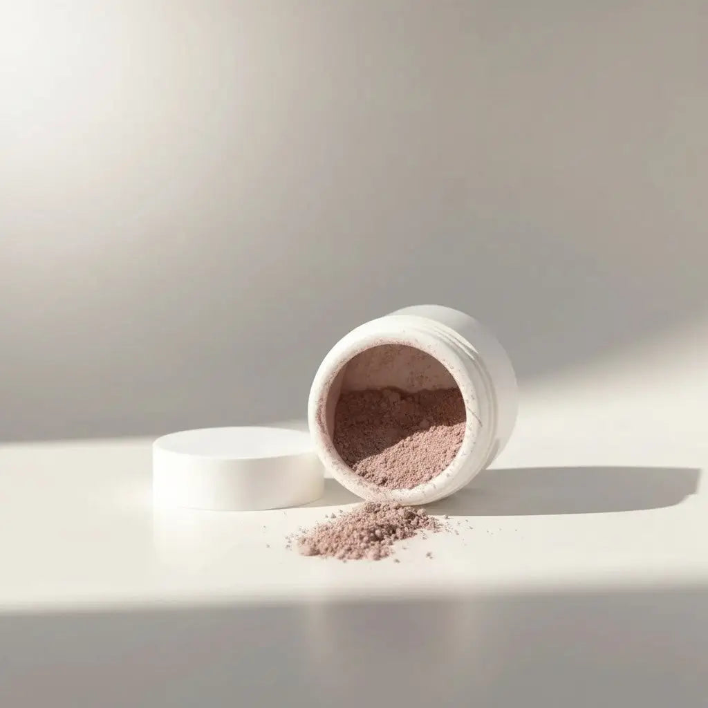 A white ceramic jar tipped over spilling fine rose gold french rose clay powder for dry herbal clay mask treatment