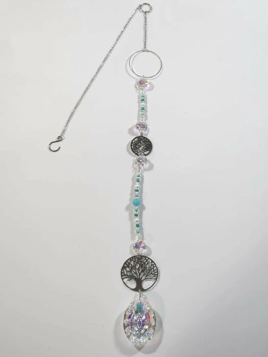 Tree long suncatcher with silver chain, green and pink beads, black tree-of-life charms, and faceted crystal prism iridescent ornament