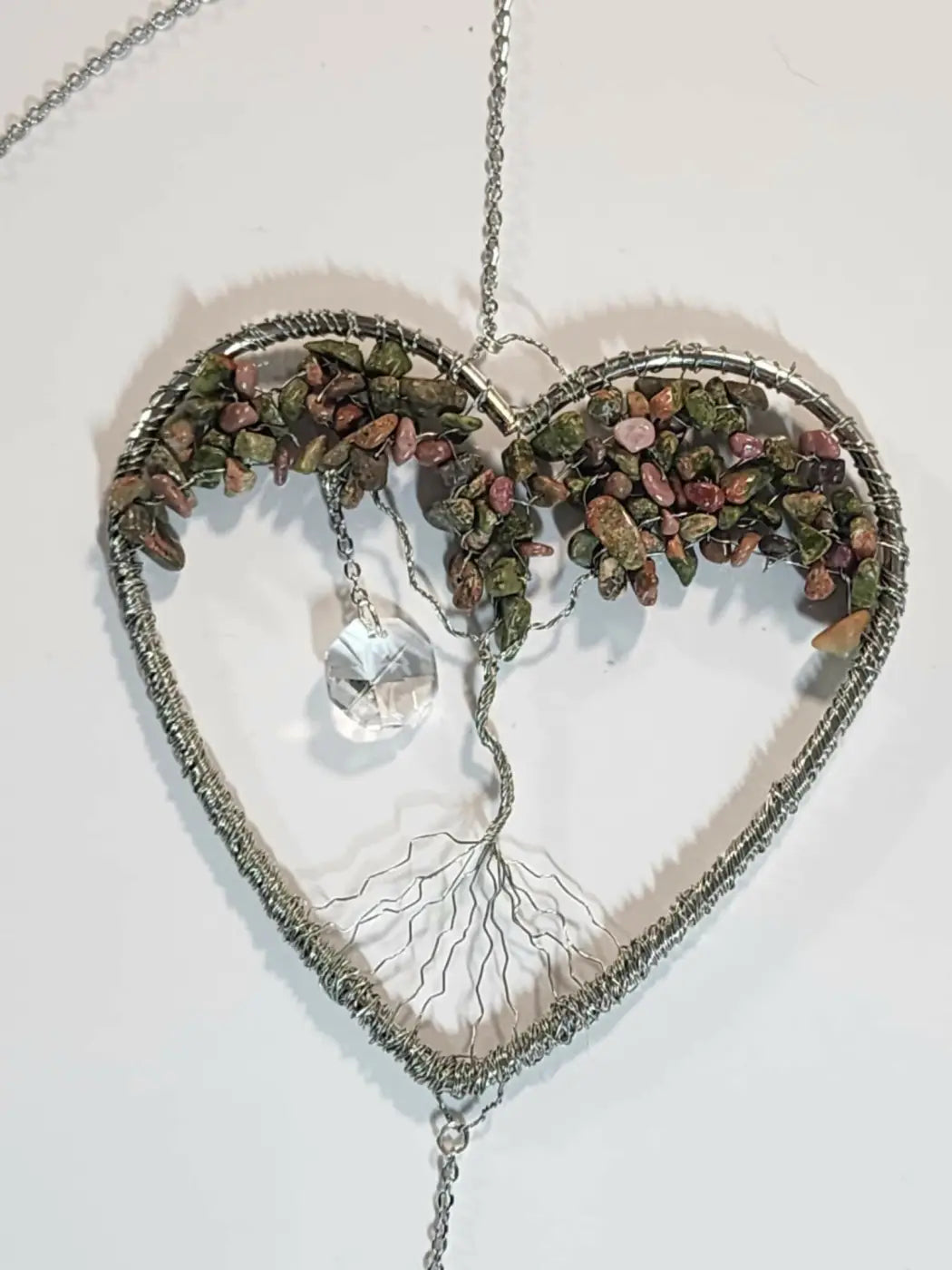 Silver wire life heart suncatcher pendant with green and pink gemstones and iridescent crystal teardrop ornament