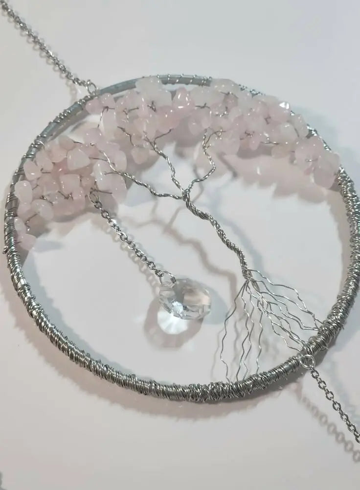 Tree of life suncatcher iridescent ornament with silver wire wrap pink rose quartz and clear crystal light catcher
