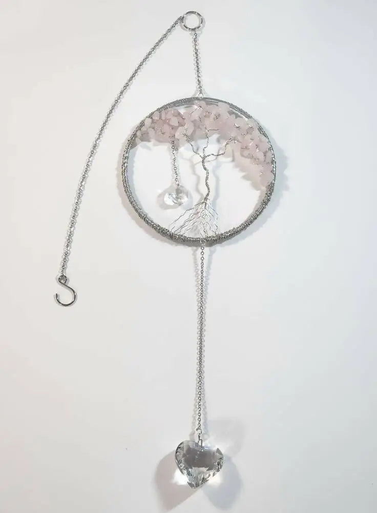 Silver wire-framed tree of life suncatcher with pink quartz stones and crystal heart pendant small reflective light catcher