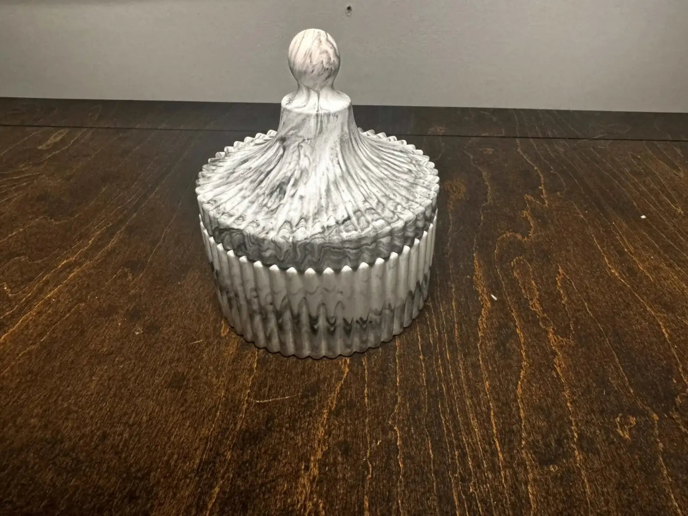 White and gray marbled ceramic trinket jar with fluted sides and rounded textured lid for pure wash and handmade soap Canada use