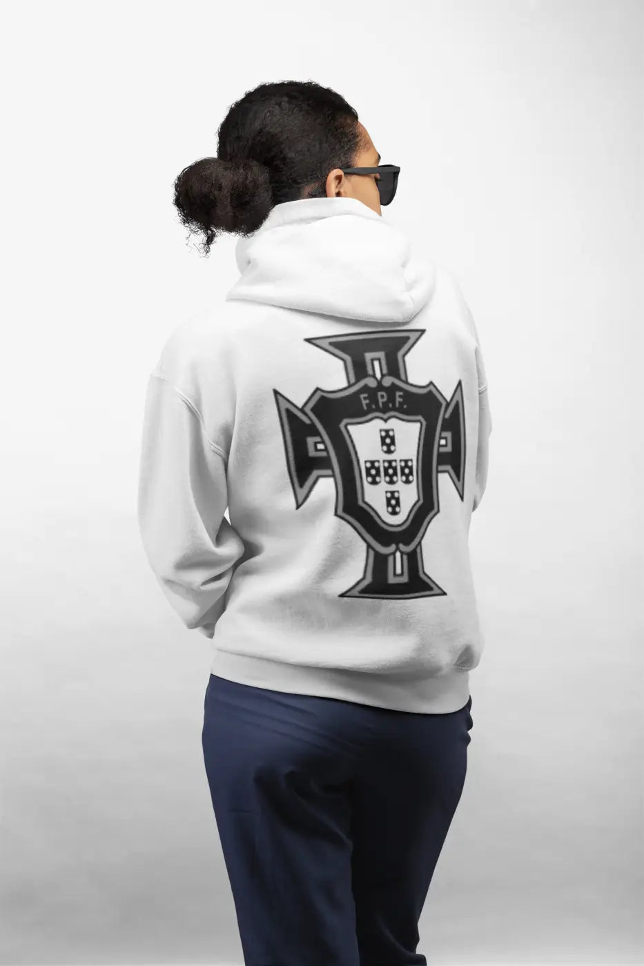 White tuga crew crew neck sweater with bold black gray portuguese football federation crest on back made of cotton-polyester blend