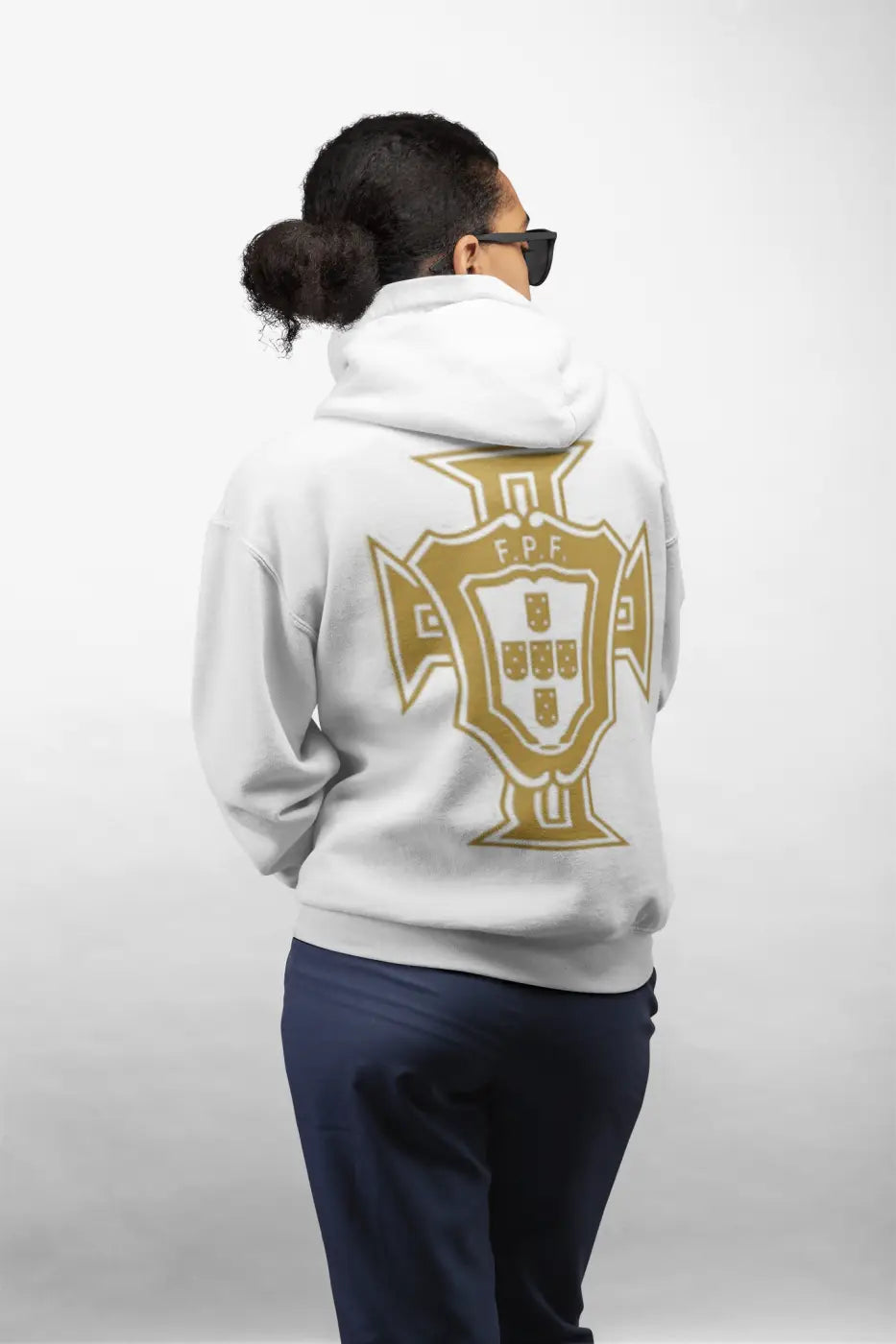 White tuga crew neck sweater in cotton polyester blend featuring gold portuguese national emblem with fpf lettering preorder only