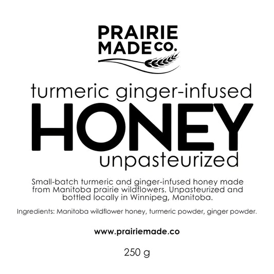 Prairie made co turmeric ginger infused honey with manitoba wildflower honey in a bold small-batch blend