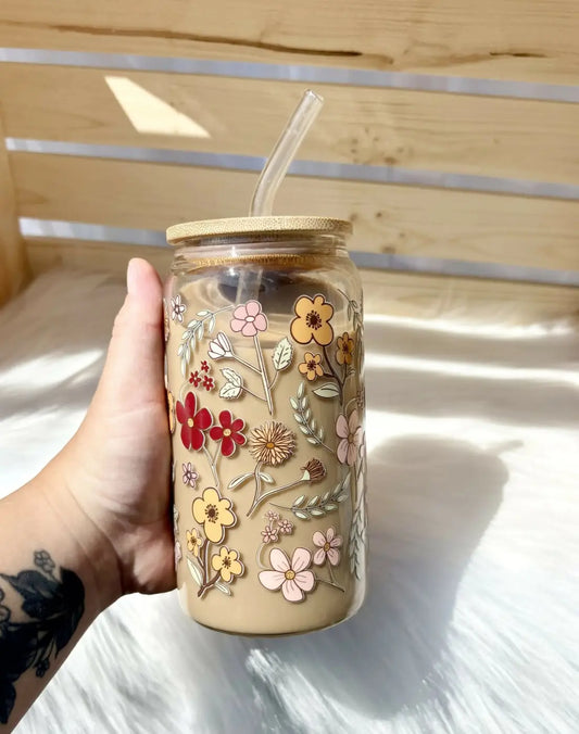 Wildflower cup glass tumbler with bamboo lid and glass straw featuring intricate pink yellow red floral design