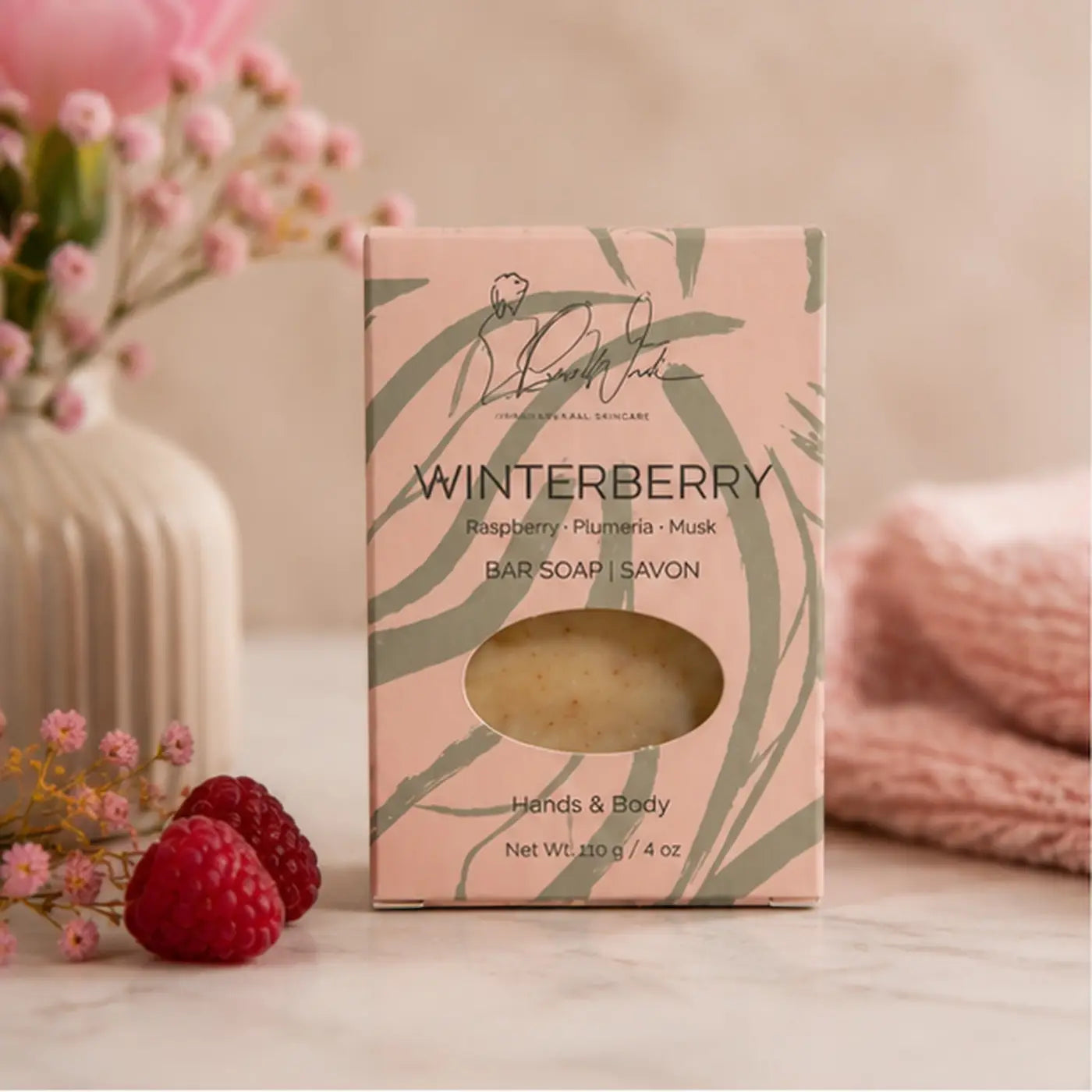 Winterberry soap bar in pink and green patterned box features handmade winterberry soap that supports healthy skin