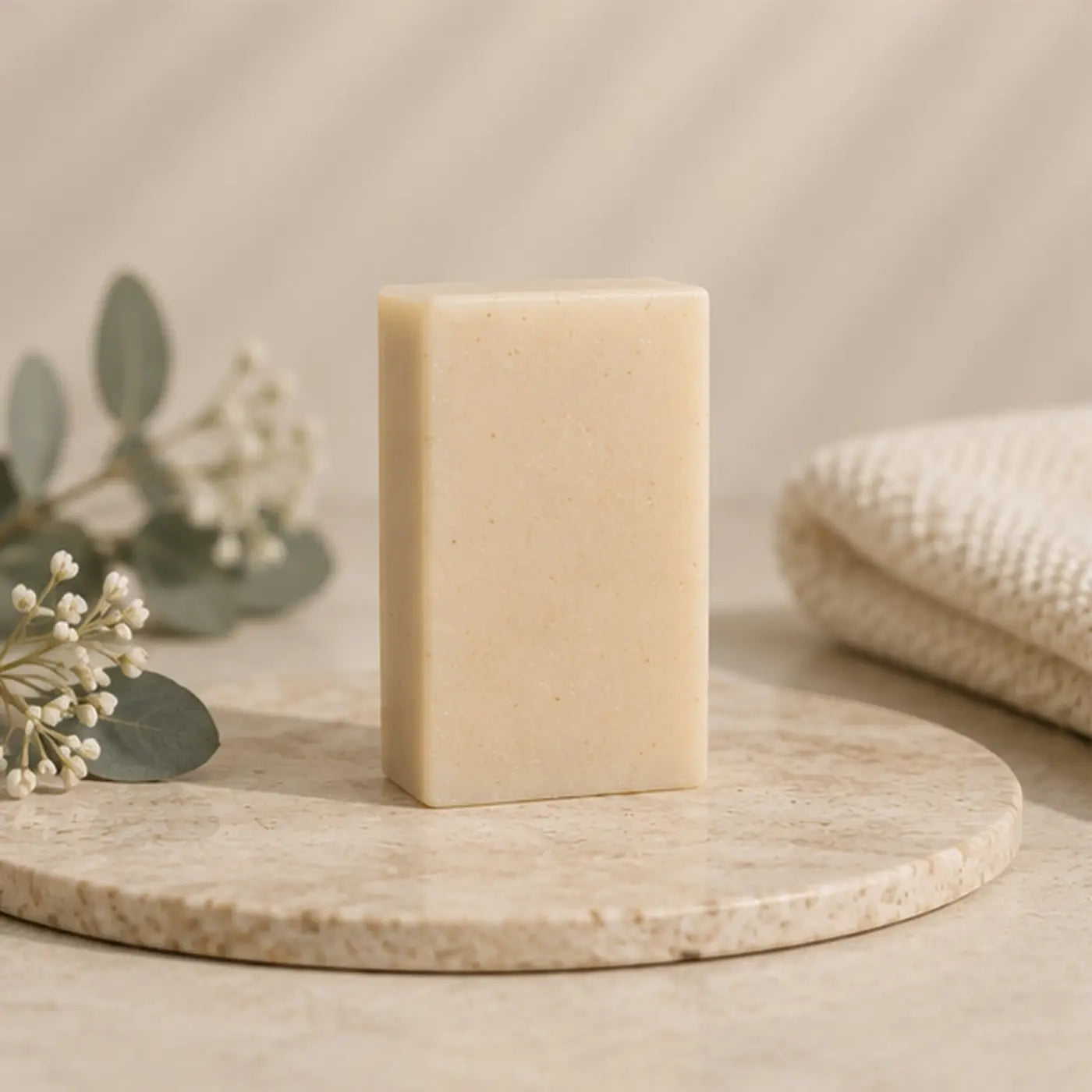 Cream-colored winterpeg soap inspired bar with subtle speckled texture handcrafted peppermint eucalyptus soap