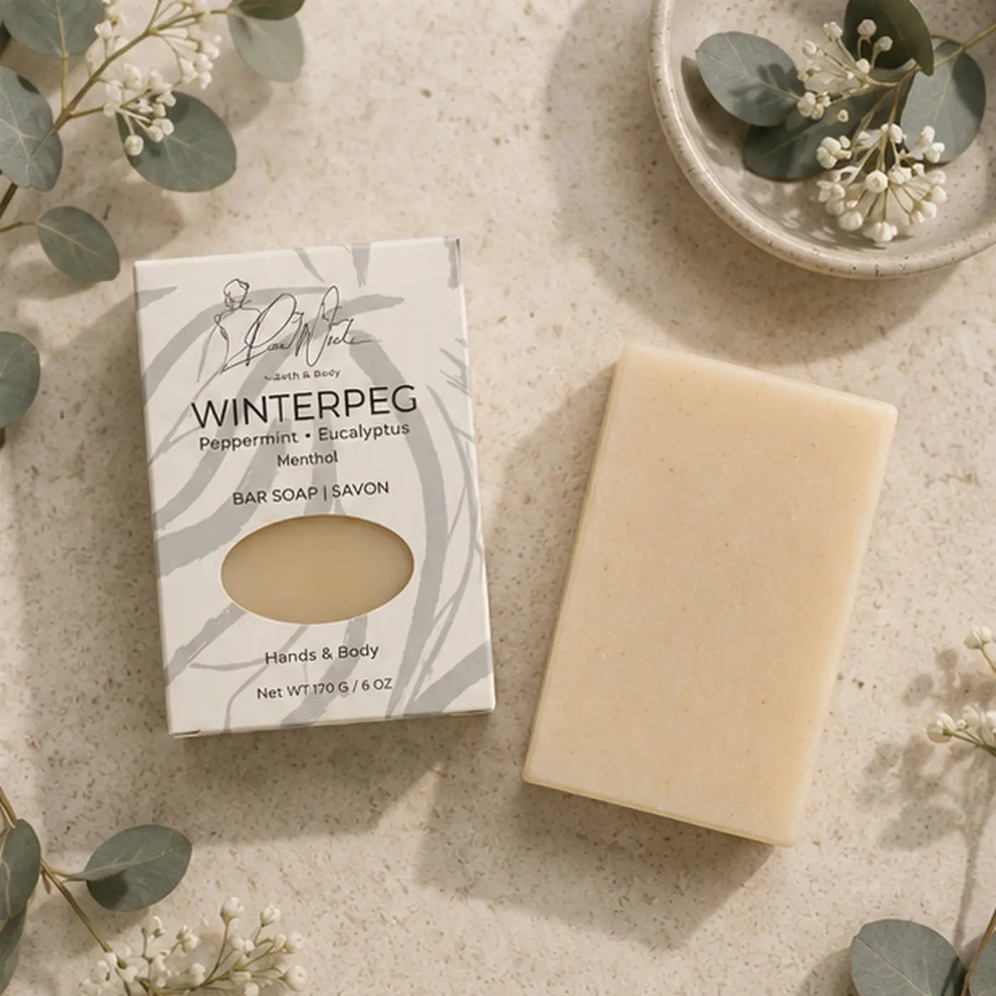 Winterpeg soap inspired cream-colored rectangular bar soap with peppermint eucalyptus and menthol natural scent