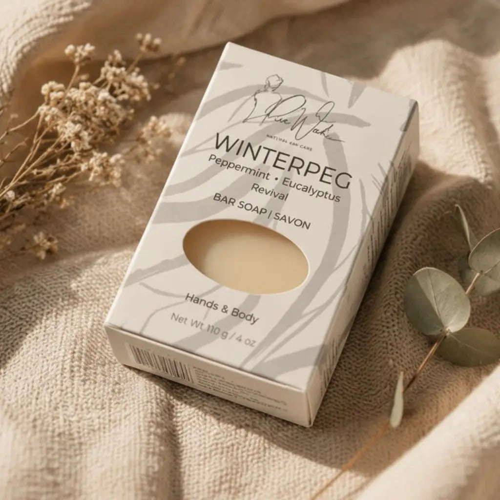 A pale cream-colored winterpeg soap bar inspired by peppermint eucalyptus in a sleek white box with minimalist leaf patterns