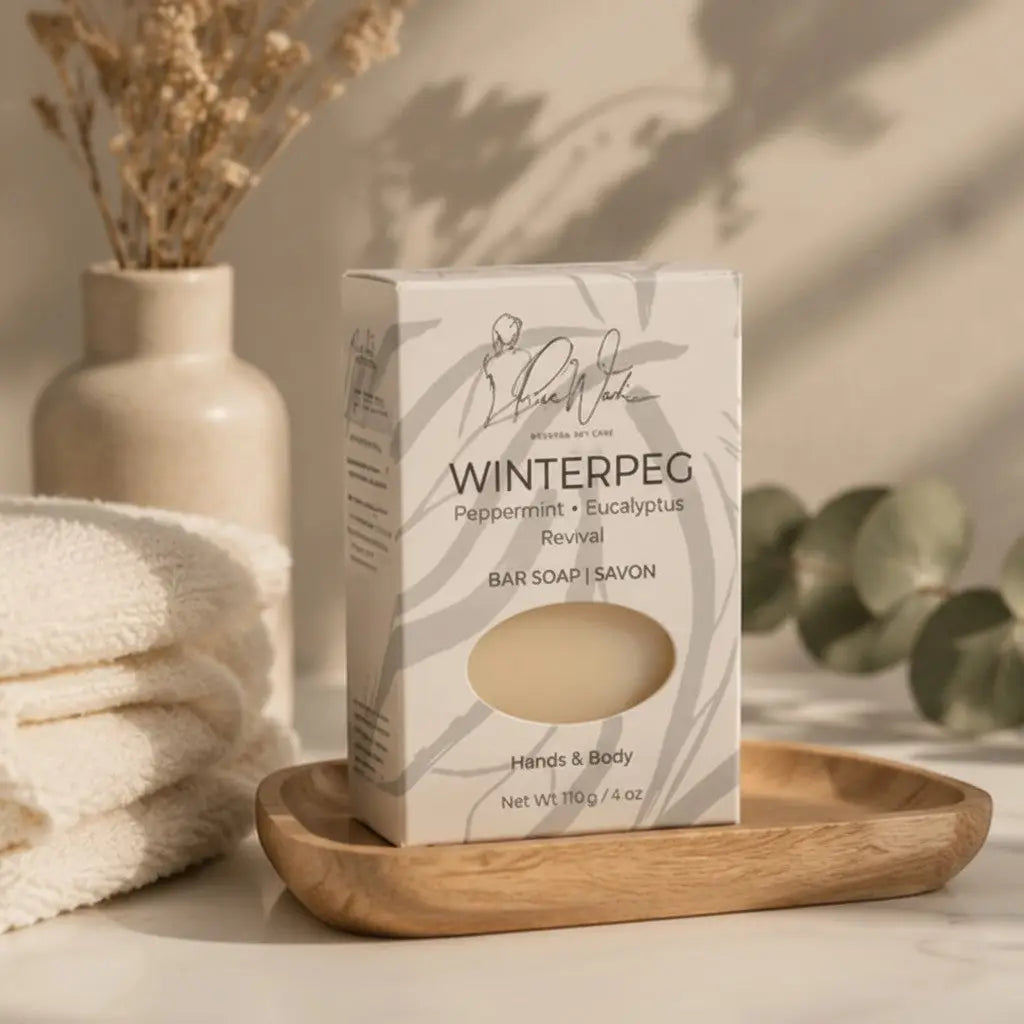 A white rectangular box with gray leaf patterns and clear window containing a pale yellow winterpeg soap inspired peppermint eucalyptus soap bar