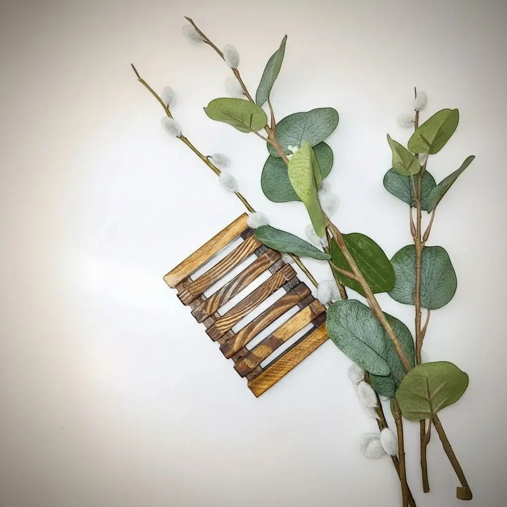 Rustic wooden soap saver tray with slatted design and natural wood grain finish for pure wash soap storage