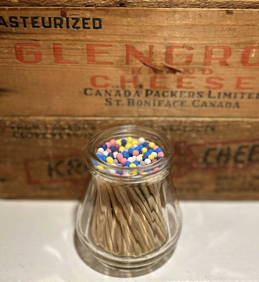 Vintage Mudlarked Heinz JarMatch VesselVintage Heinz Jar mudlarked from one of the rivers in Manitoba, cleaned up and given a second life as a match vessel! Filled with multicolored matches made of aspen Vintage Mudlarked Heinz JarCG Pure Wash