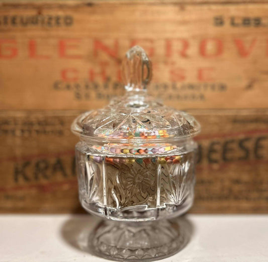 Vintage Avon Product JarMatch VesselVintage Avon Product Jar repurposed into a match vessel! Filled with multicolored matches made of aspen wood, handcrafted from Lithuania. Striker is located on the bVintage Avon Glass Product JarCG Pure Wash
