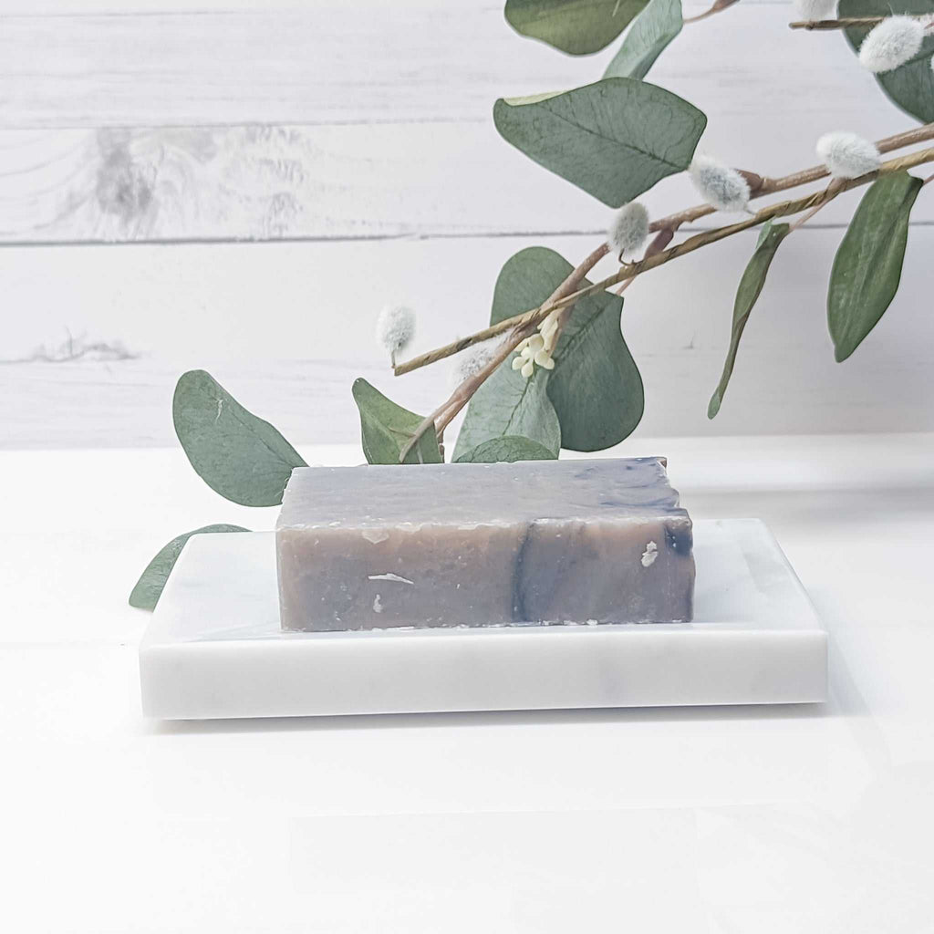 Bay Rum Soap Bar on white dish with plant background.
