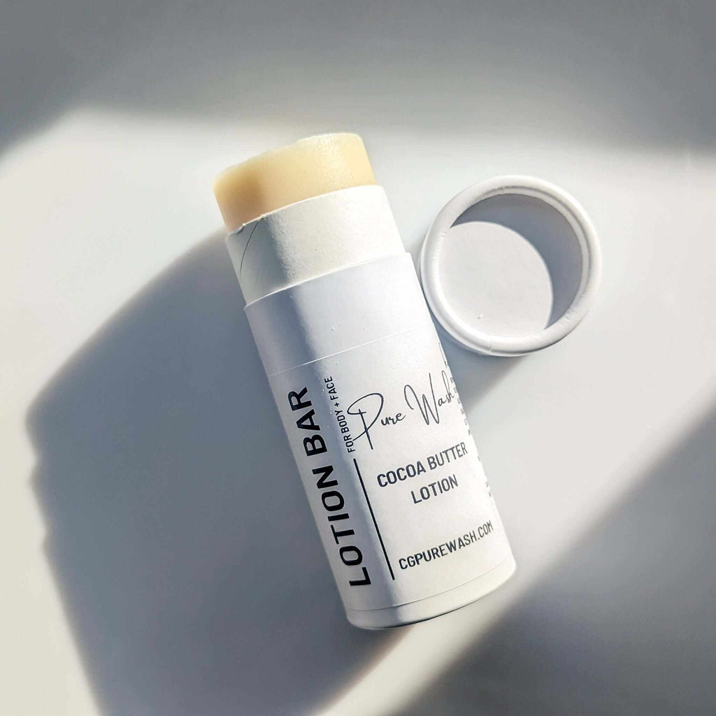Cocoa Butter Lotion Bars in stick form, 2.5oz, natural ingredients for intensive skin hydration.