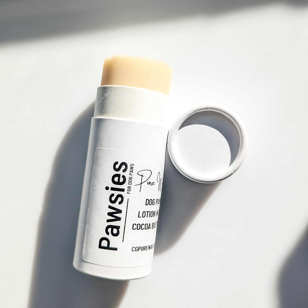 Pawsies Lotion Bar for pet paw care with natural ingredients in a tube.